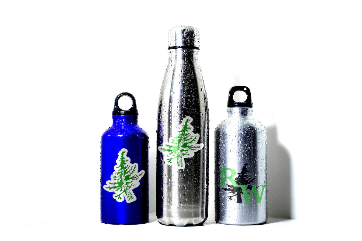 brand stickers on metal bottles